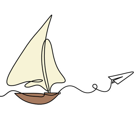 Abstract color boat with paper plane as line drawing on white backgroundの写真素材