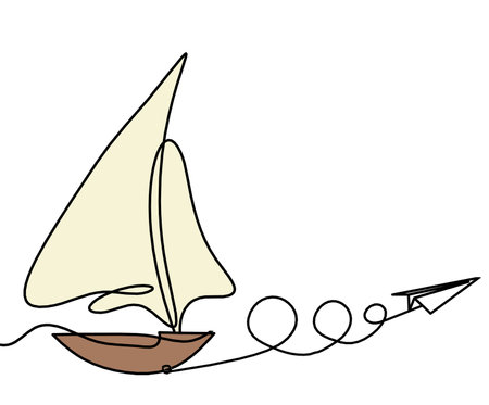 Abstract color boat with paper plane as line drawing on white backgroundの写真素材