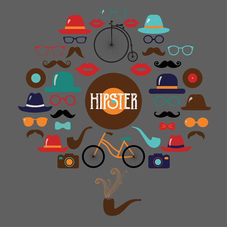 Hipster Colorful Retro Vintage Vector Icon Set. Illustrations of hats, glasses, lips and moustaches.のイラスト素材