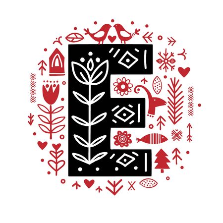 Creative letter E with folk motives - scandinavian. Vector illustration.のイラスト素材