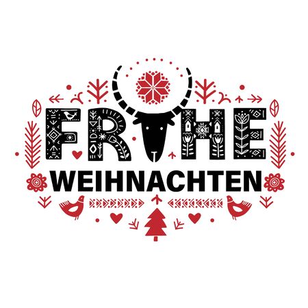 Merry Christmas in German - Frohe Weihnachten. Lettering poster Frohe Weihnachten in ethnic folk style.のイラスト素材