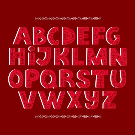 Vector bold alphabet decorated with nordic folk ornaments. Display font.のイラスト素材