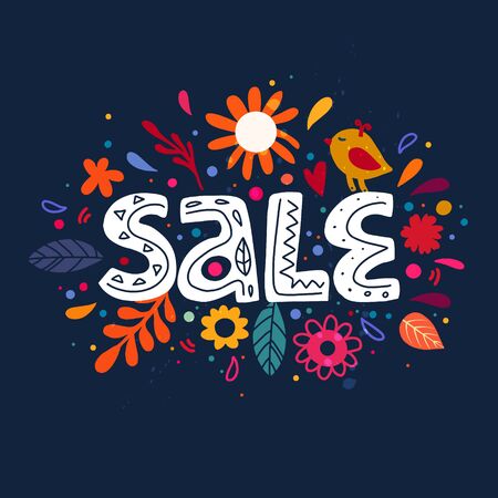 Sale banner template design. Lettering poster Sale in ethnic folk style with flowers, birds, branch and leaves on a dark blue background のイラスト素材