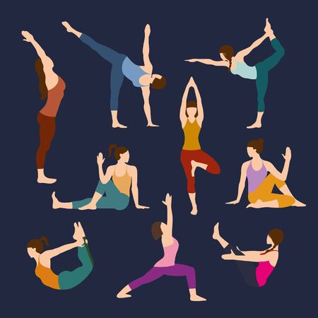 Silhouettes girl practicing yoga stretching exercises. Shapes of woman doing yoga fitness workout. Set off yoga positions. Female cartoon character practicing Hatha yoga. Flat vector illustrationのイラスト素材