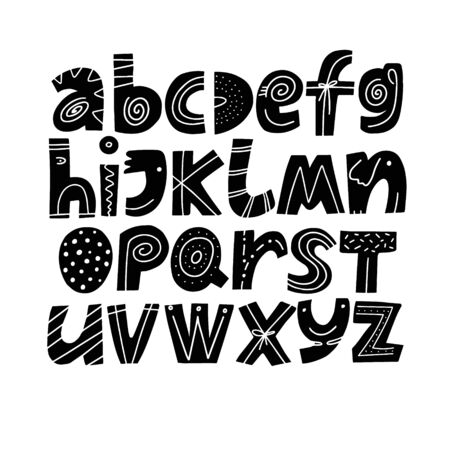 Alphabet hand drawn letters graphic font for Kids design. Scandinavian Style Font. Ornate black font, typography set. Bold type capital letters with ethnic decorative brach, leaves, flowers. のイラスト素材