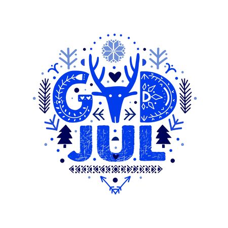 God Jul. Merry Christmas Calligraphy Template in Swedish - God Jul. Lettering poster God Jul in ethnic folk style on blue colors. Greeting Card.のイラスト素材