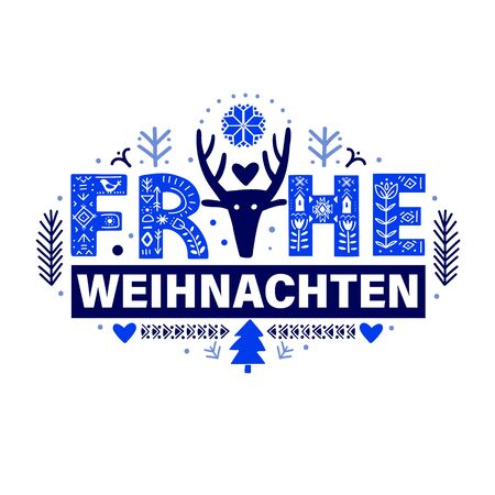 Merry Christmas in German - Frohe Weihnachten. Lettering poster Frohe Weihnachten in ethnic folk style.のイラスト素材