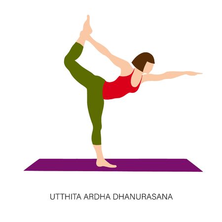 Yogi woman in Utthita Ardha Dhanurasana or Half Bow pose. Female cartoon character practicing Hatha yoga. Girl demonstrating exercise during gymnastics training. Flat vector illustration.のイラスト素材