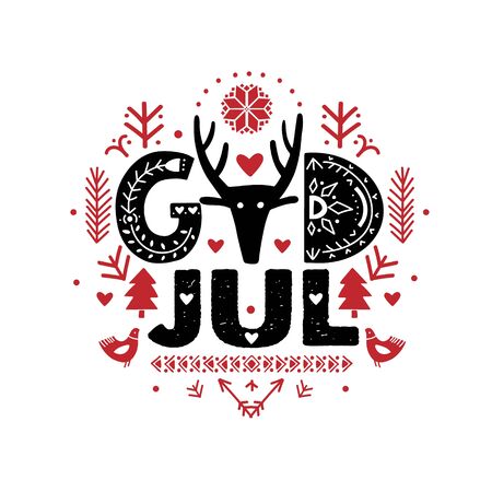 God Jul. Merry Christmas Calligraphy Template in Swedish - God Jul. Lettering poster God Jul in ethnic folk style. Greeting Card Black Typography on White Backgroundのイラスト素材