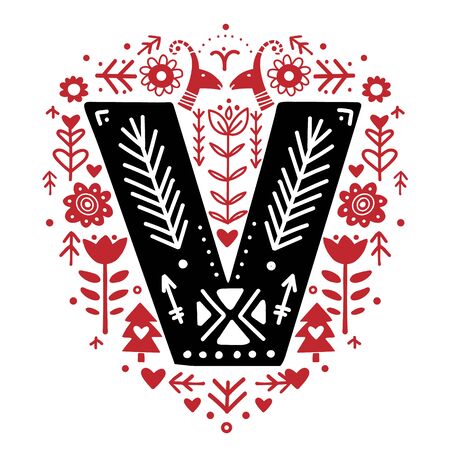 Creative letter V with folk motives - scandinavian. Vector illustration.のイラスト素材