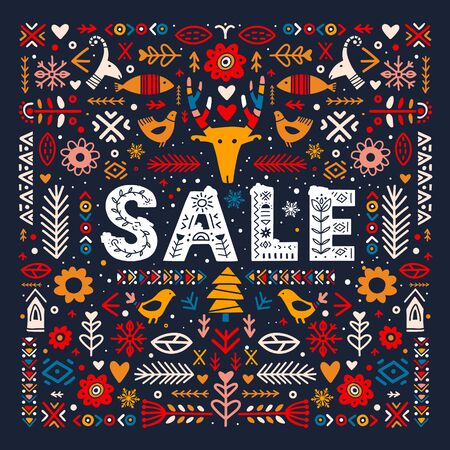 Sale lettering in ethnic folk style. Hand drawn typographic inscriptions. Sale lettering with Scandinavian floral ornament. Bold type letters with ethnic decorative leaves, flowers.のイラスト素材