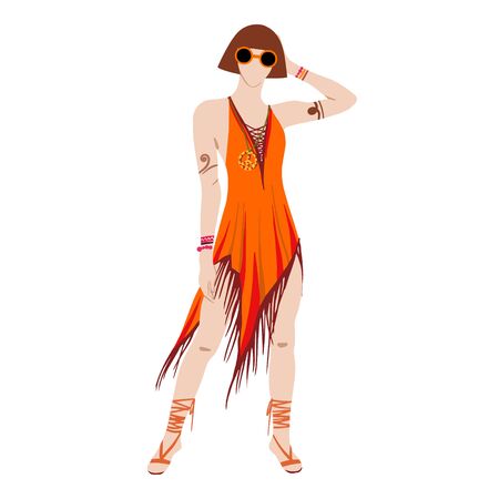 Slim Hippie girl in orange boho dress isolated on white background. Subculture. Cartoon. Hand-Drawn Flat Vector illustration.のイラスト素材