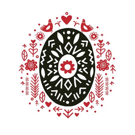 Creative number zero 0 with folk motives - scandinavian. Vector illustration.のイラスト素材
