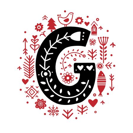 Creative letter G with folk motives - scandinavian. Vector illustration.のイラスト素材