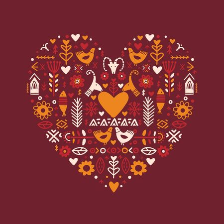 I Love You poster in ethnic folk style on red background. Folk Heat. Happy Valentines Day design. Trendy handwritten illustration for t-shirt design, poster or save the date card design.のイラスト素材