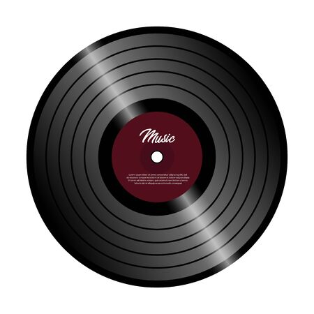 Retro vinyl record with red label. Vinyl isolated on white. Old technology. Realistic retro design. Musical festival, concertのイラスト素材