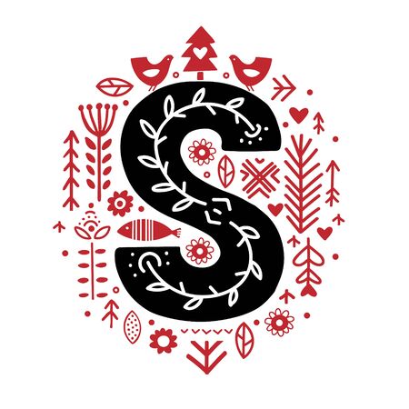 Creative letter S with folk motives - scandinavian. Vector illustration.のイラスト素材