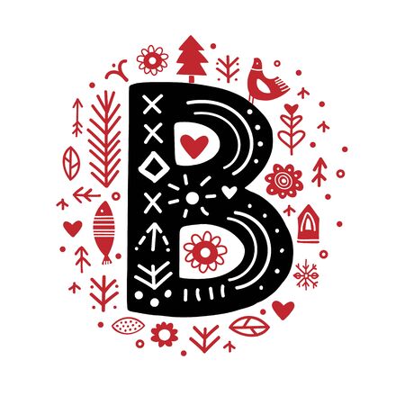 Creative letter B with folk motives - scandinavian. Vector illustration.のイラスト素材