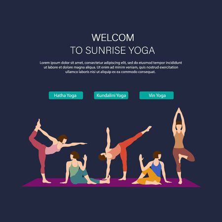 Health and Yoga landing web page template. Online yoga school webpage interface. Competitive game website design layout. Active lifestyle web banner concept. Woman does yoga exercise, yoga pose.のイラスト素材