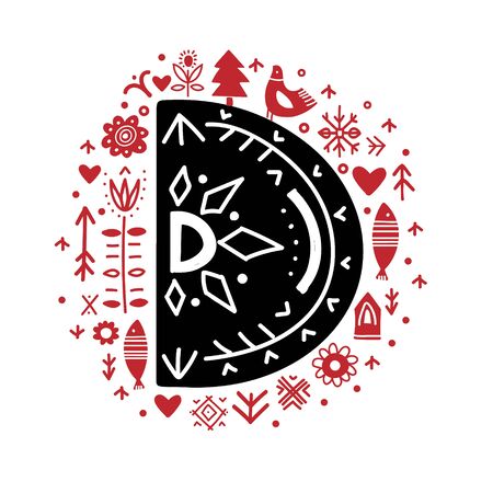 Creative letter D with folk motives - scandinavian. Vector illustration.のイラスト素材