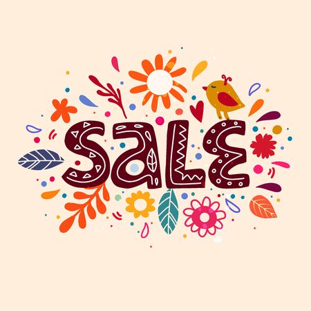 Sale banner template design. Lettering poster Sale in ethnic folk style with flowers, birds, branch and leavesのイラスト素材