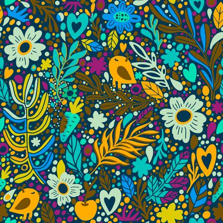 Floral seamless pattern with flowers, branch, leaves, hearts and birds. Pink, yellow colors. Seamless pattern can be used for wallpaper, pattern fills, web page background, surface textures.のイラスト素材