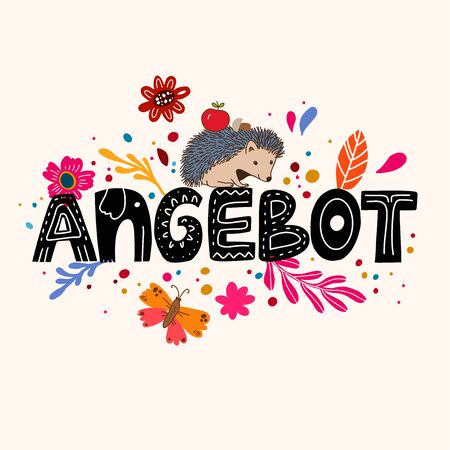Sale in German - Angebot. Lettering poster Angebot in ethnic folk style with flowers, branch and hedgehogのイラスト素材
