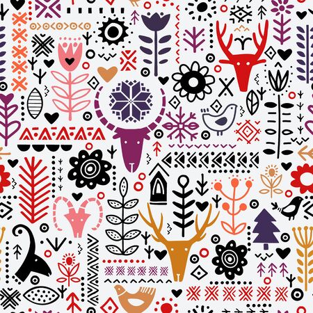 Abstract plants and deer in nordic style seamless pattern.Textile, wallpaper, wrapping paper design ideaのイラスト素材