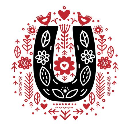 Creative letter U with folk motives - scandinavian. Vector illustration.のイラスト素材