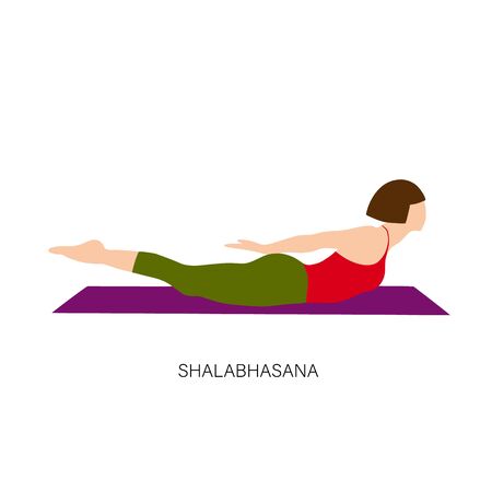Yogi woman in Shalabhasana or Locust Pose or Grasshopper Pose Female cartoon character practicing Hatha yoga. Girl demonstrating exercise during gymnastics training.のイラスト素材