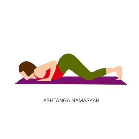 Yogi woman in Ashtanga Namaskar or Eight Limbed Pose. Female cartoon character practicing Hatha yoga. Girl demonstrating exercise during gymnastics training. Flat vector illustration.のイラスト素材