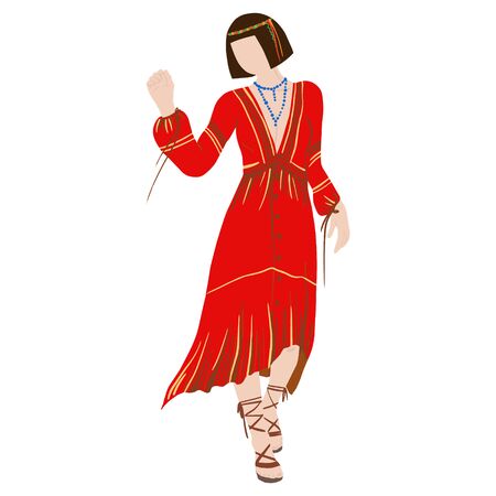 Slim Hippie girl in red boho dress isolated on white background. Subculture. Cartoon. Hand-Drawn Flat Vector illustration.のイラスト素材