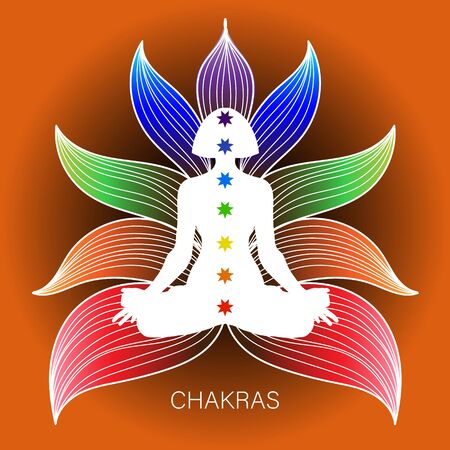 Meditating human in lotus pose. Yoga illustration. Colorful 9 chakras and aura glow. Ornamental background.のイラスト素材