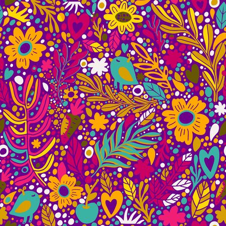 Floral seamless pattern with flowers, branch, leaves, hearts and birds. Pink, yellow colors. Seamless pattern can be used for wallpaper, pattern fills, web page background, surface textures.のイラスト素材
