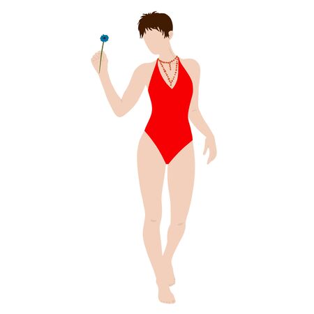 Hippie girl in a red swimsuit isolated on white background. Subculture. Cartoon. Hand-Drawn Flat Vector illustration.のイラスト素材