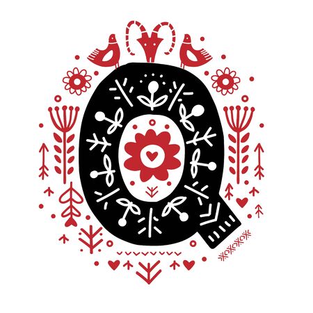 Creative letter Q with folk motives - scandinavianのイラスト素材