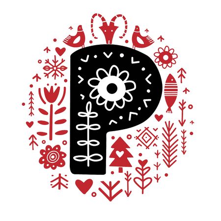 Creative letter P with folk motives - scandinavianのイラスト素材
