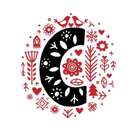 Creative letter C with folk motives - scandinavianのイラスト素材