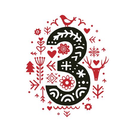 Creative number 3 with folk motives scandinavian. Vectorのイラスト素材
