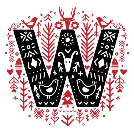 Creative letter W with folk motives - scandinavianのイラスト素材