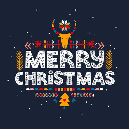 Merry Christmas lettering on blackboard in ethnic folk style. Hand drawn typographic inscriptions. Merry Christmas lettering with Scandinavian floral ornament.のイラスト素材