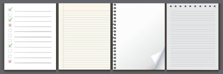 Set of white sheets of paper. Blank, lined and white paper on grey background. Organizer and diary vector template isolated. Paper sheet template. のイラスト素材