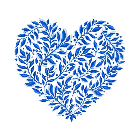 Vector blue floral watercolor heart. Ornamental heart with blue branch and leaves. Gzhel floral motif. Happy Valentines Day design template.のイラスト素材