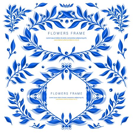 Vector illustration set with blue gzhel floral motif in traditional Russian style isolated on white background. Blue branch and leaves. Ornamental blue watercolor frame.のイラスト素材
