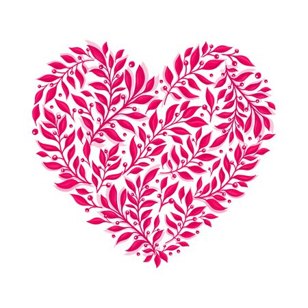 Vector pink floral watercolor heart. Ornamental heart with red branch and leaves. Gzhel floral motif. Happy Valentines Day design template.のイラスト素材