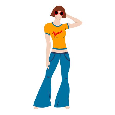 Hippie girl in a yellow t-shirt and blue jeans isolated on white background. Subculture. Cartoon. Hand-Drawn Flat Vector illustration.のイラスト素材