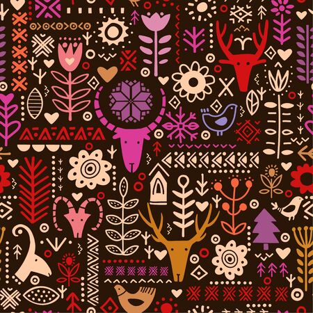 Abstract plants and deer in nordic style seamless pattern.Textile, wallpaper, wrapping paper design ideaのイラスト素材