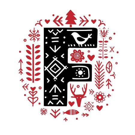 Creative letter F with folk motives - scandinavian. Vector illustration.のイラスト素材