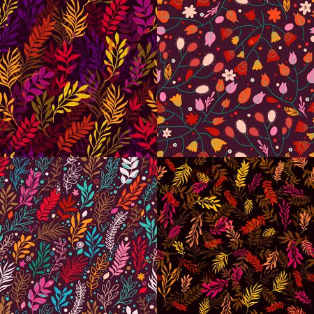 Set of Four Floral Autumn Seamless Pattern with branch and leaves. Seamless pattern can be used for wallpaper, pattern fills, web page background, surface textures.のイラスト素材