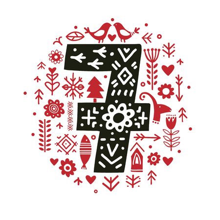 Creative number seven 7 with folk motives - scandinavian. Vector illustration.のイラスト素材
